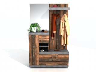 Penderie BEZIERS coloris gris anthracite matera et bois vieilli old style foncé 1 porte 2 tiroirs 3 plateaux fixes 3 plateaux amovibles